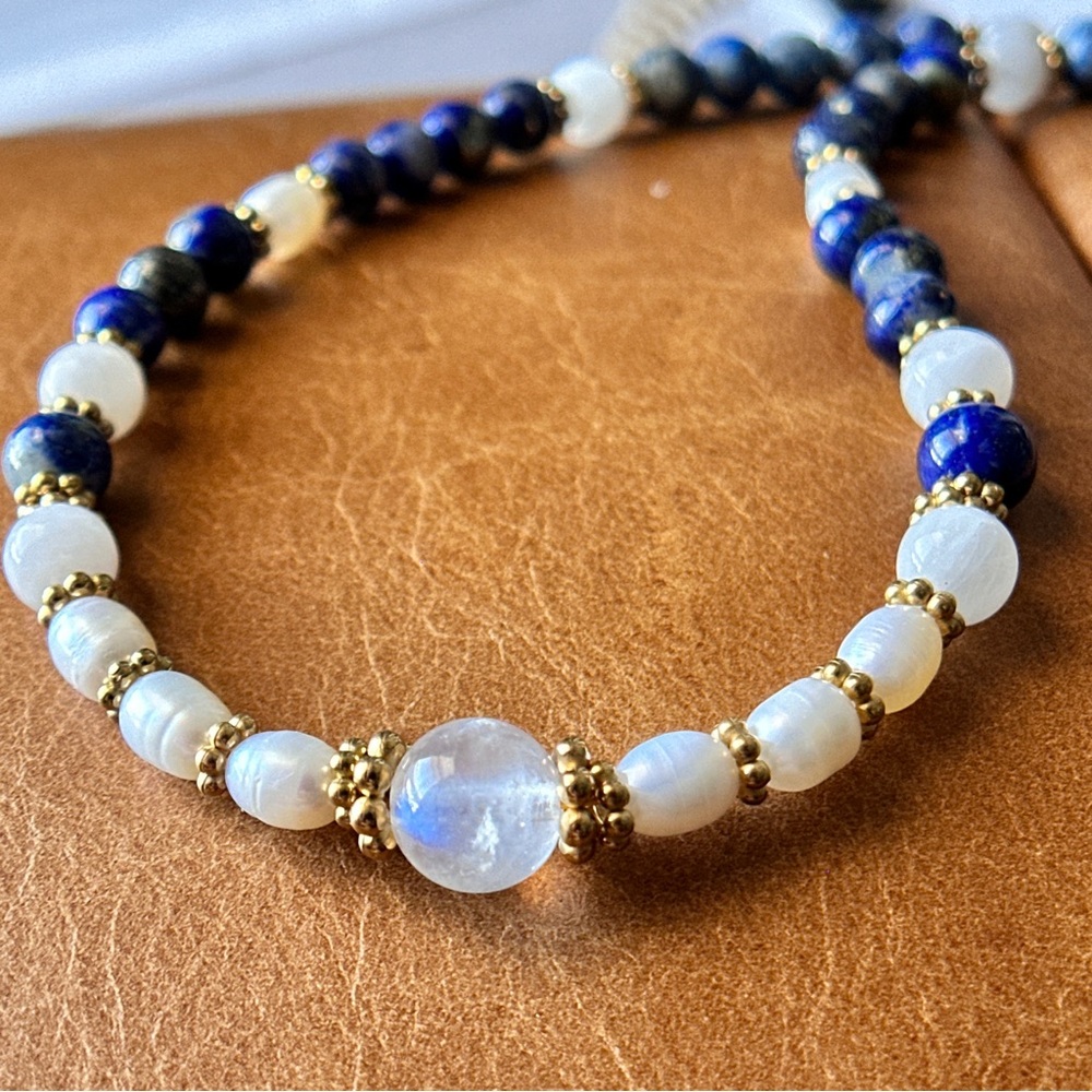 Natural Lapis Lazuli Pearl Moonstone Crystal Necklace Gold Silver Layering